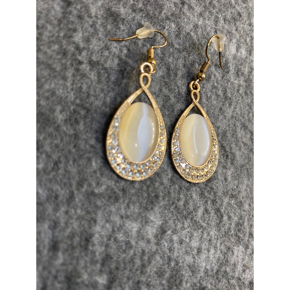 Gold Tone Teardrop Cat's Eye Rhinestone Halo Fishhook Drop Earrings